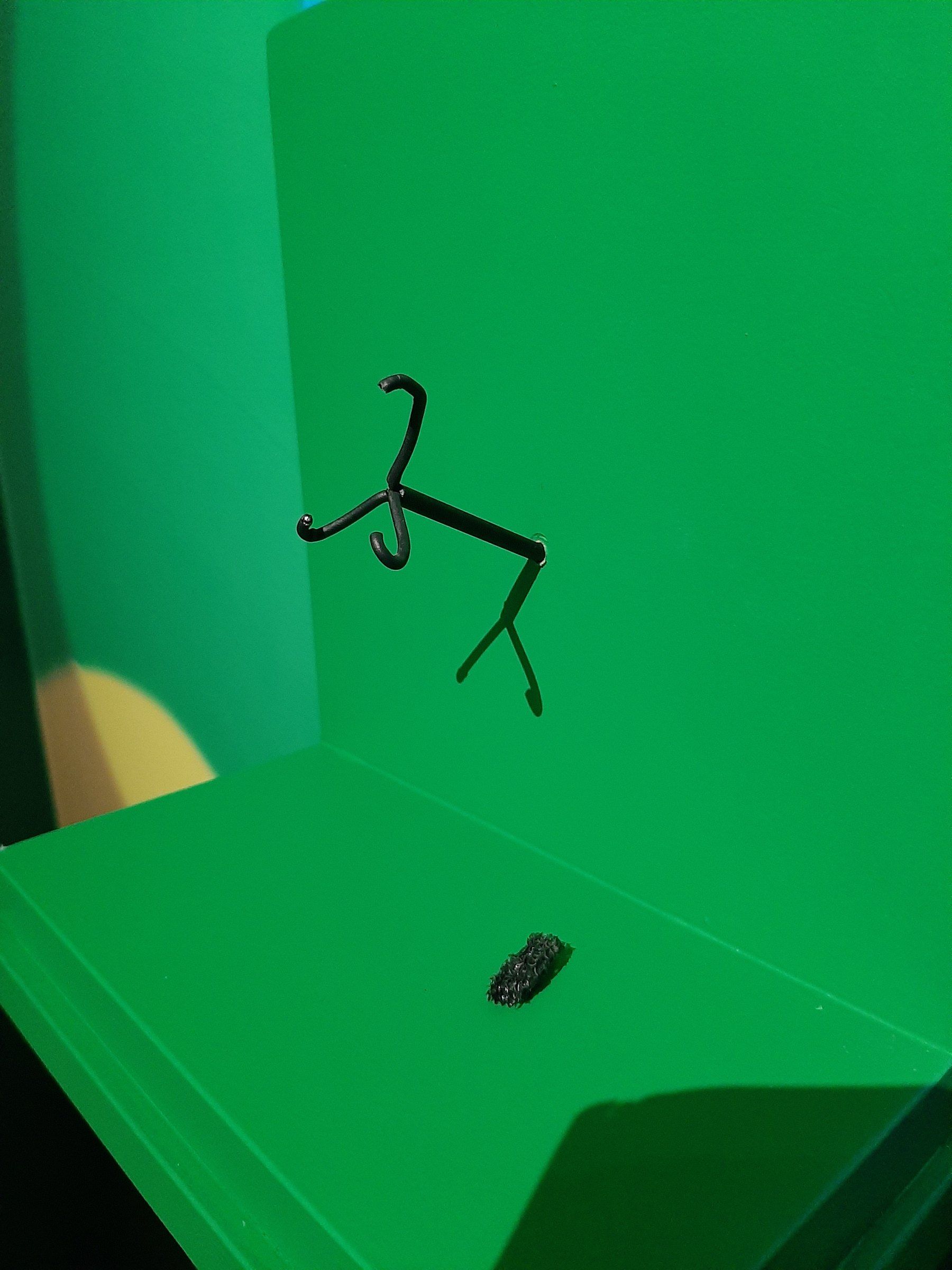 Socle métallique sur un fond de vitrine vert après le démontage